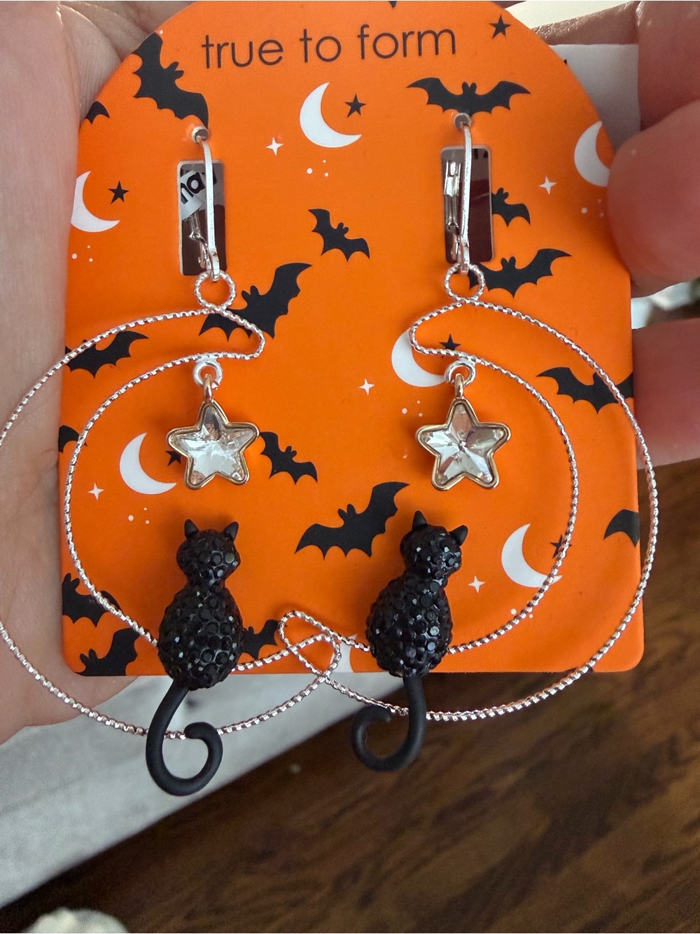 NWT Halloween Black Cat Star Moon Sparkle Hoop Dangle Earrings 2”